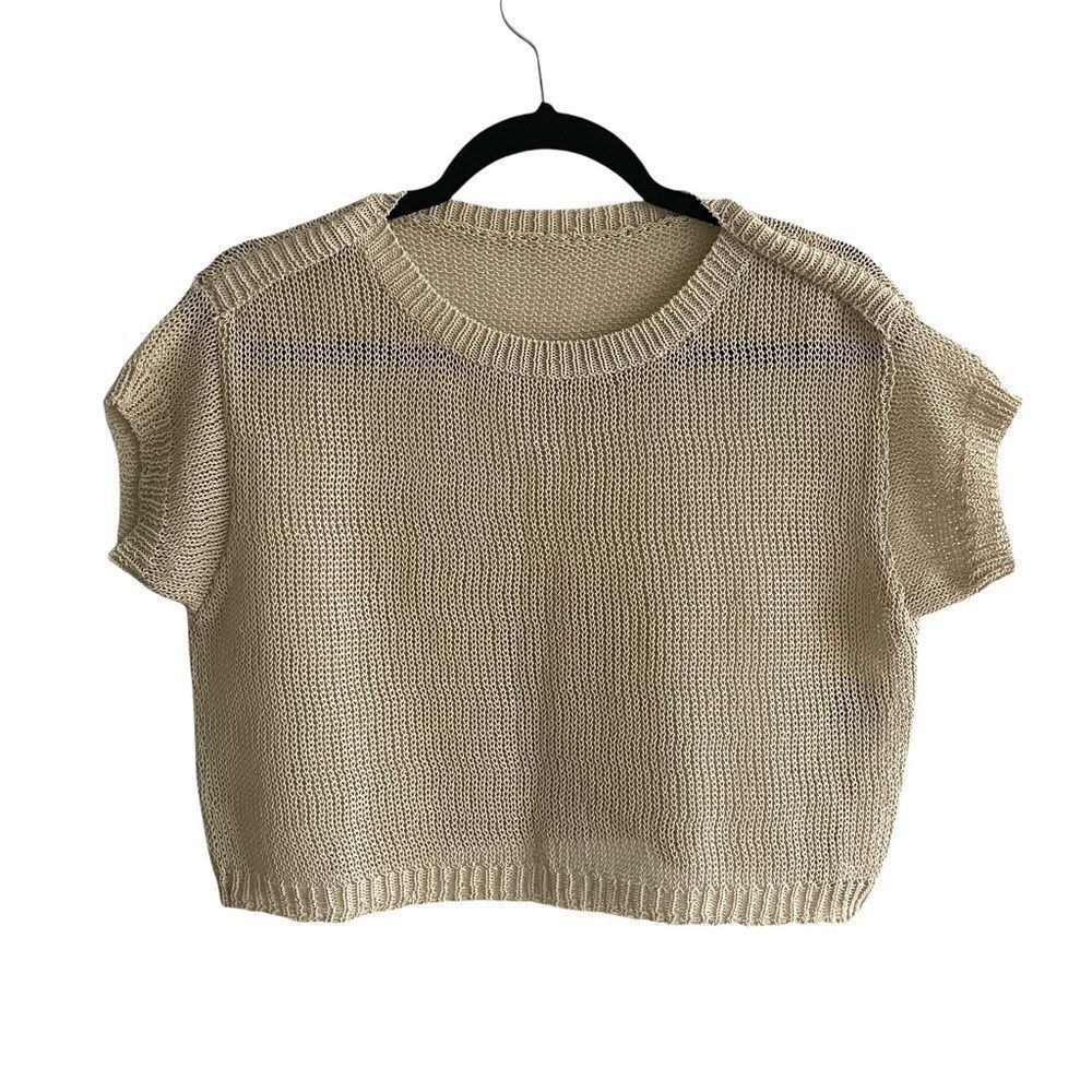 Short Sleeve Cropped Crew Neck Knit Sweater Tan O/S